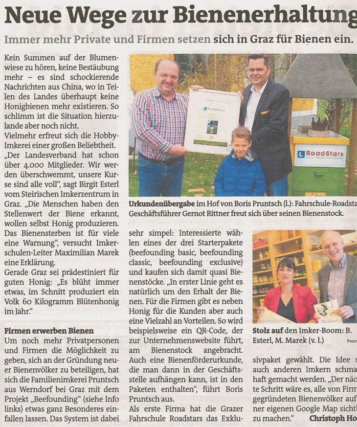 Artikel in Woche - Unterstützung für Bienenzüchter - Presse Fahrschule Roadstars Graz