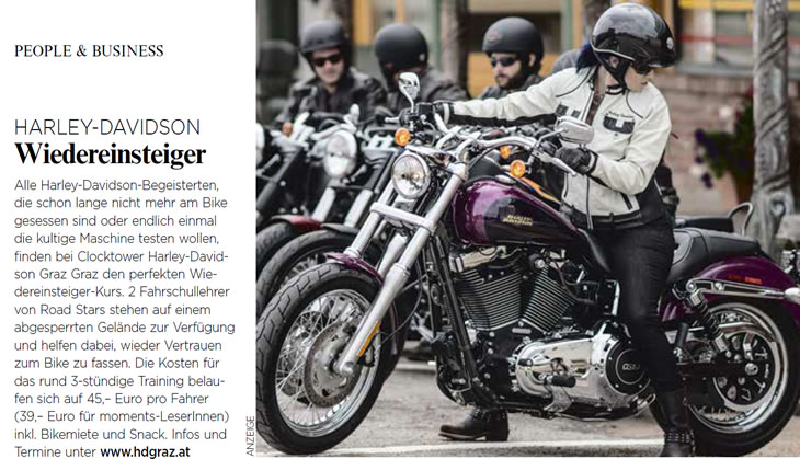 Artikel in der Krone: Kooperation zwischen Clocktower Harley Davidson und Fahrschule Roadstars Graz
