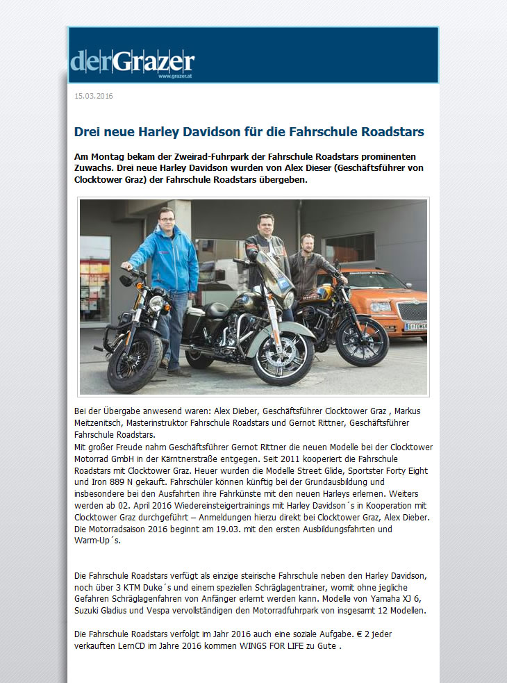 Drei neue Harley Davidson für die Fahrschule Roadstars - Der Grazer